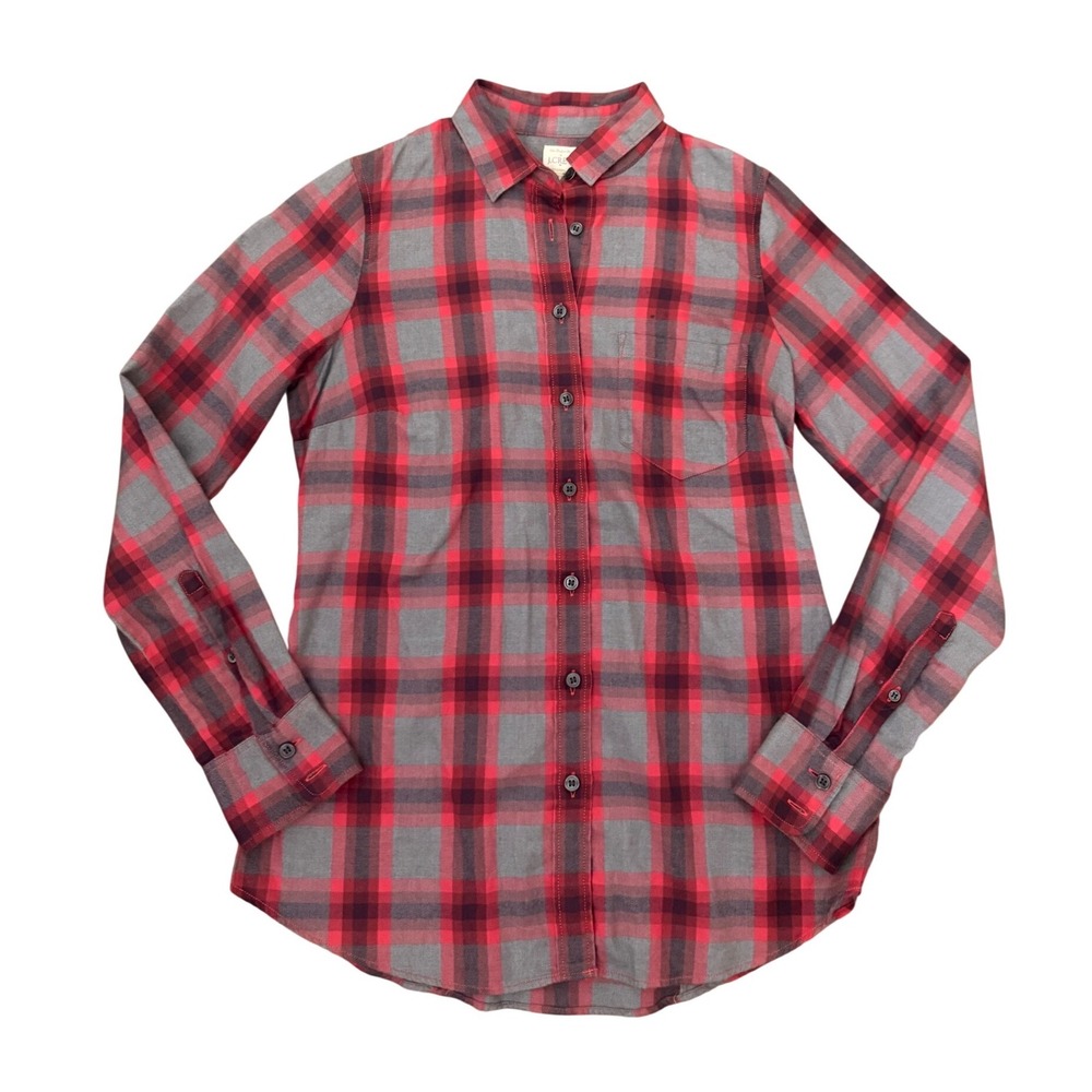 J.Crew The Perfect Shirt Womens XS Red Grey Plaid Cotton‎ Flannel Button Down